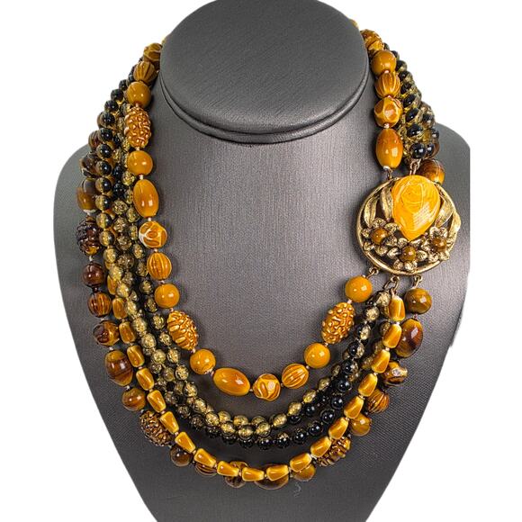 Vintage Selro Selini 6 Strand Beaded Statement Necklace With Fancy Clasp - Picture 1 of 6
